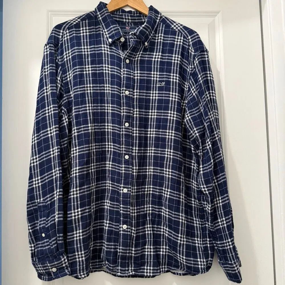 Vineyard Vines Classic Fit Whale Shirt Plaid Deep Bay Blue Soft Button Down XL